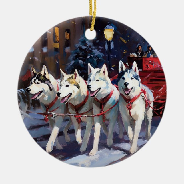 Siberian Husky Christmas Festive Season  Ceramic Tree Decoration (Front)