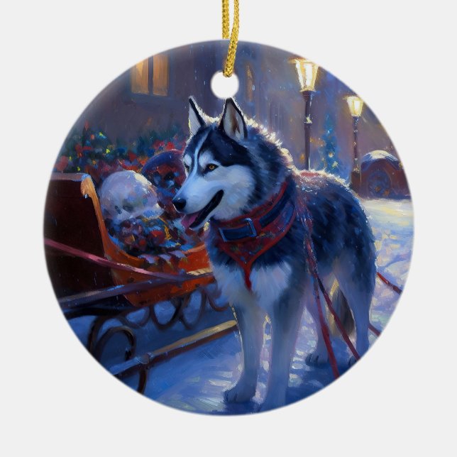 Siberian Husky Christmas Festive Season Ceramic Tree Decoration (Front)