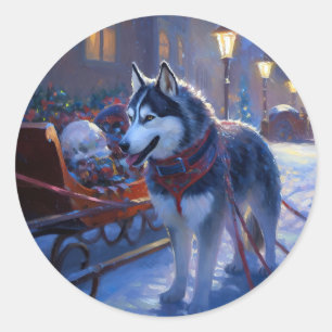 Siberian Husky Christmas Festive Season Classic Round Sticker
