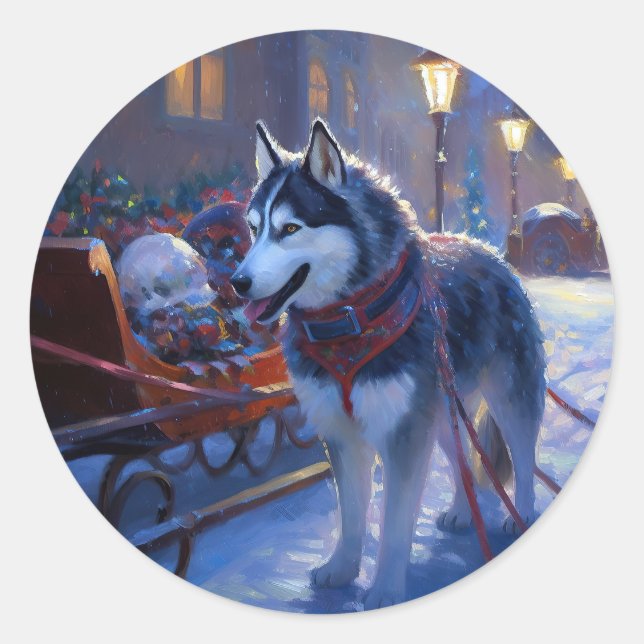 Siberian Husky Christmas Festive Season Classic Round Sticker (Front)