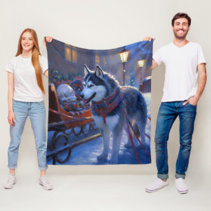 Siberian Husky Christmas Festive Season Fleece Blanket