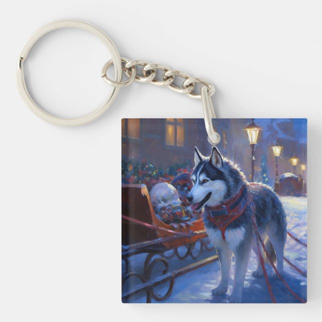 Siberian Husky Christmas Festive Season Key Ring (Front)