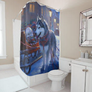 Siberian Husky Christmas Festive Season Shower Curtain
