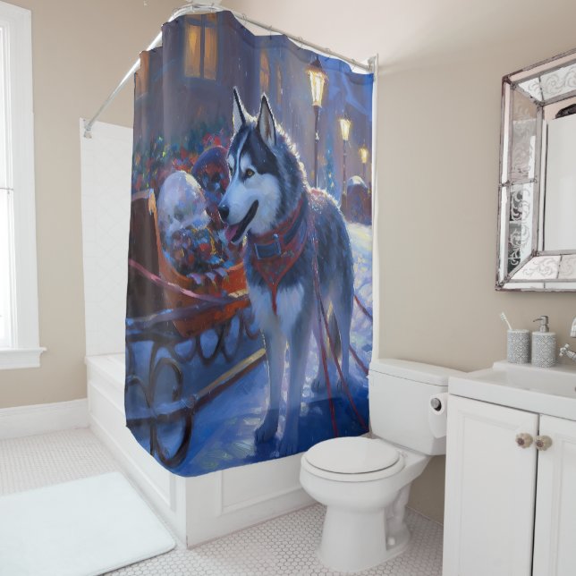 Siberian Husky Christmas Festive Season Shower Curtain (In Situ)