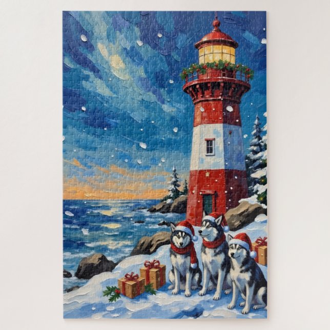 Siberian Husky Christmas Lighthouse Holiday Jigsaw Puzzle (Vertical)