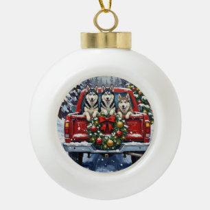 Siberian Husky Christmas Red Truck Holiday Ceramic Ball Christmas Ornament