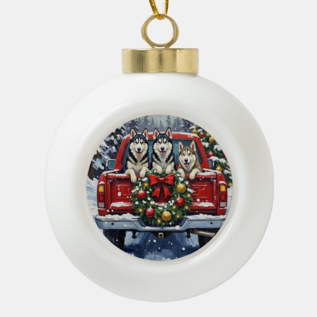 Siberian Husky Christmas Red Truck Holiday Ceramic Ball Christmas Ornament (Front)