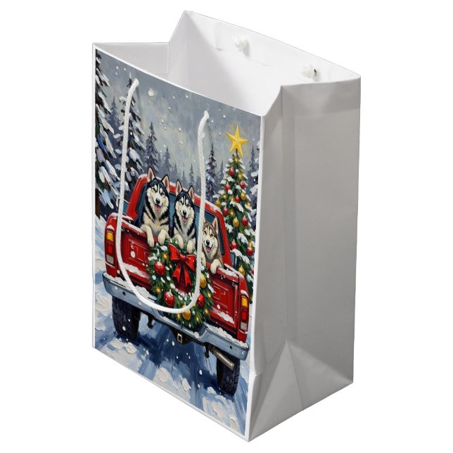 Siberian Husky Christmas Red Truck Holiday Medium Gift Bag (Front Angled)
