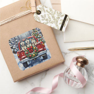 Siberian Husky Christmas Red Truck Holiday Square Sticker