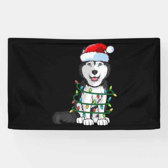 Siberian Husky Christmas Santa Hat Xmas Lights Dog Banner (Horizontal)