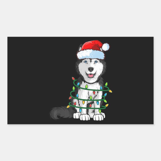Siberian Husky Christmas Santa Hat Xmas Lights Dog Rectangular Sticker (Front)