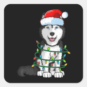 Siberian Husky Christmas Santa Hat Xmas Lights Dog Square Sticker