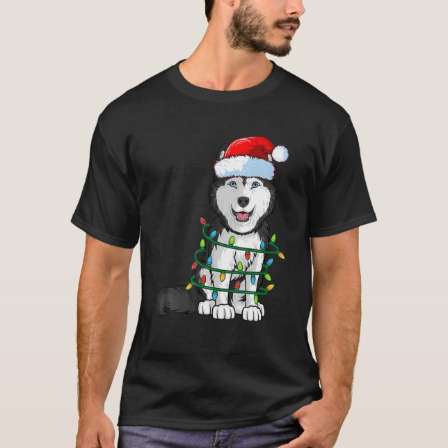Siberian Husky Christmas Santa Hat Xmas Lights Dog T-Shirt (Front)