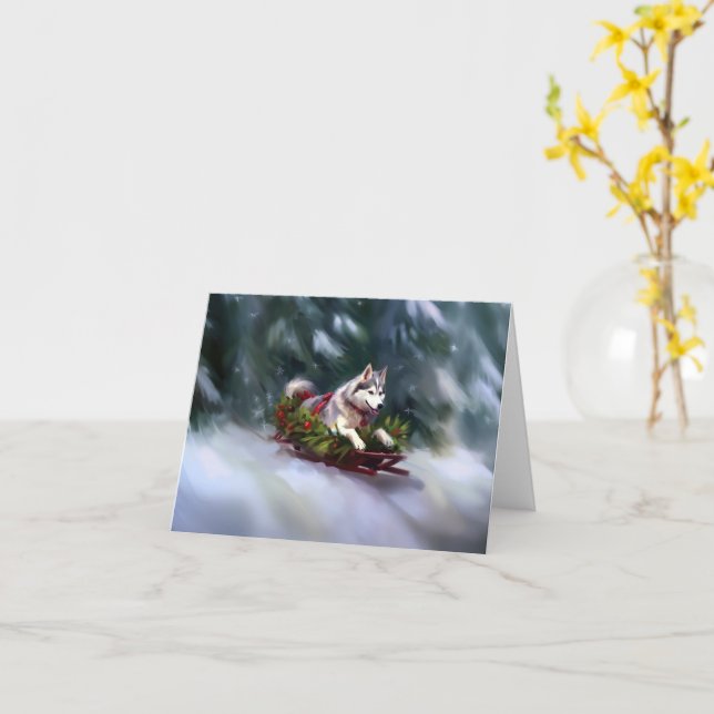 Siberian Husky Christmas snow winter Card (Yellow Flower)