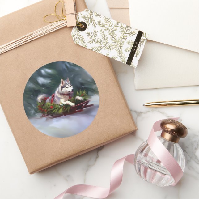 Siberian Husky Christmas snow winter Classic Round Sticker (Gifting)