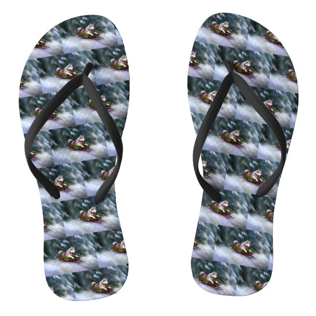 Siberian Husky Christmas snow winter Flip Flops (Footbed)
