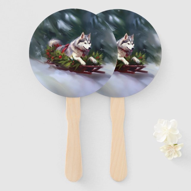 Siberian Husky Christmas snow winter Hand Fan (Front and Back)