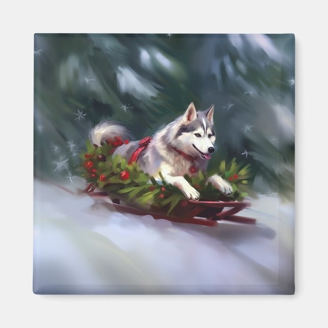 Siberian Husky Christmas snow winter Magnet (Front)