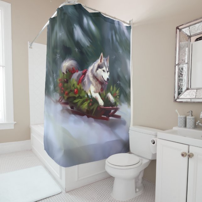 Siberian Husky Christmas snow winter Shower Curtain (In Situ)