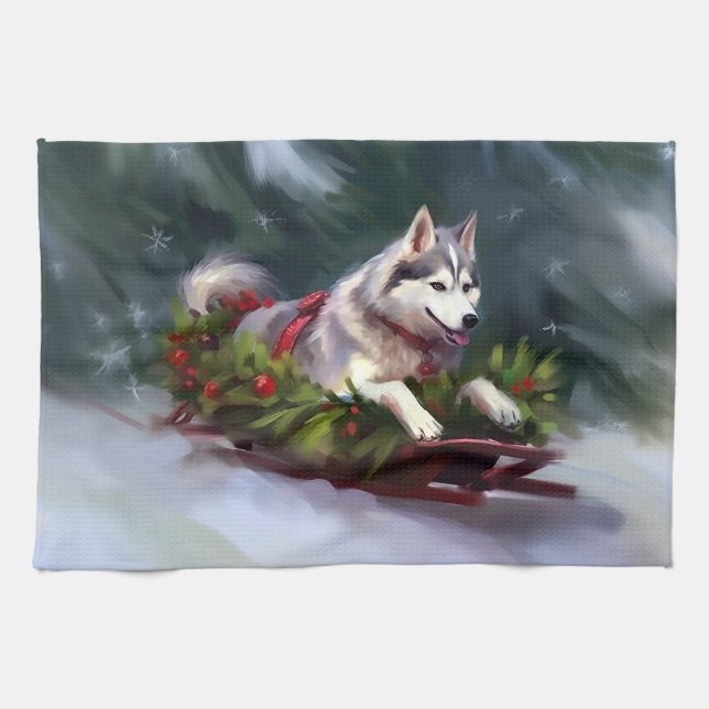 Siberian Husky Christmas snow winter Tea Towel (Horizontal)