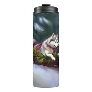 Siberian Husky Christmas snow winter Thermal Tumbler