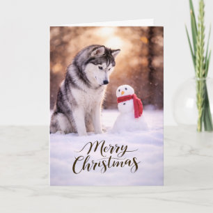 Siberian Husky Christmas Snowman Holiday Card