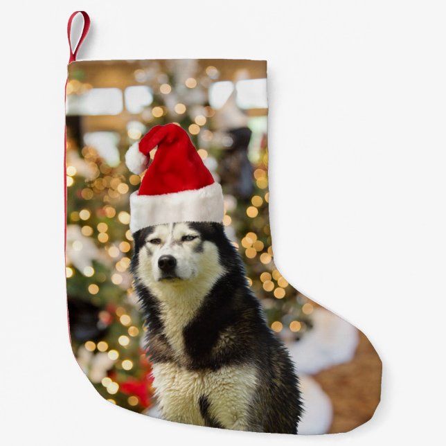 Siberian Husky Christmas Tree Hat Small Christmas Stocking (Front)