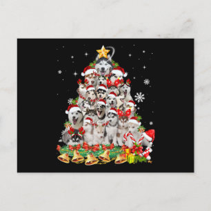 Siberian husky christmas tree lights   dog xmas announcement postcard