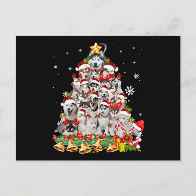 Siberian husky christmas tree lights | dog xmas announcement postcard (Front)