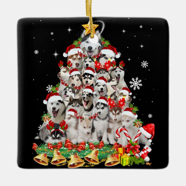 Siberian husky christmas tree lights | dog xmas ceramic ornament (Front)