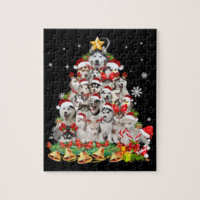 Siberian husky christmas tree lights | dog xmas jigsaw puzzle (Vertical)