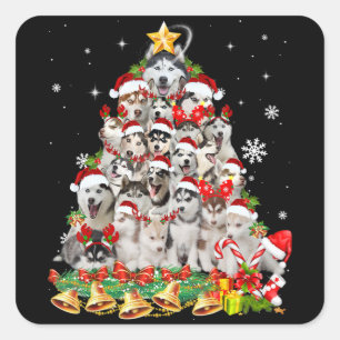 Siberian husky christmas tree lights   dog xmas square sticker