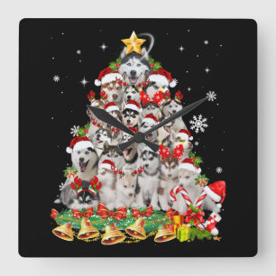 Siberian husky christmas tree lights   dog xmas square wall clock