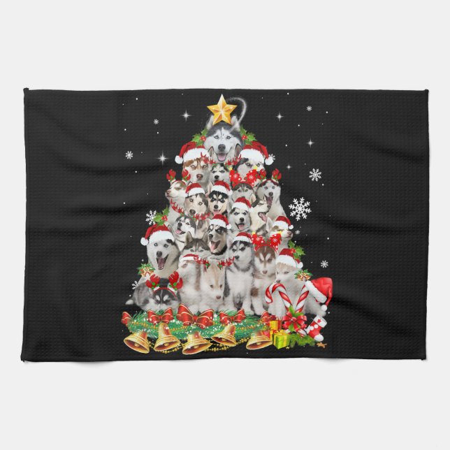 Siberian husky christmas tree lights | dog xmas tea towel (Horizontal)