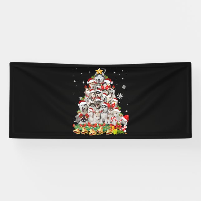 Siberian Husky Christmas Tree Lights Funny Dog Banner (Horizontal)