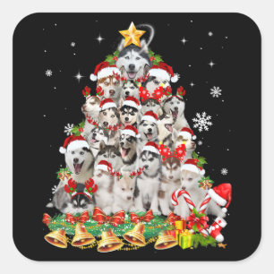 Siberian Husky Christmas Tree Lights Funny Dog Square Sticker