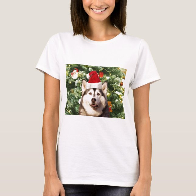 Siberian Husky Christmas Tree Ornaments Snowman T-Shirt (Front)