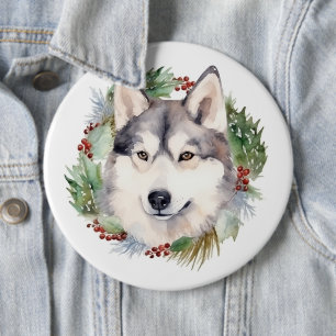 Siberian Husky Christmas Wreath Festive Pup 6 Cm Round Badge