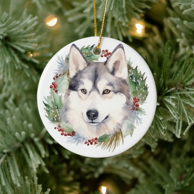 Siberian Husky Christmas Wreath Festive Pup  Ceramic Tree Decoration (Tree)