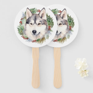 Siberian Husky Christmas Wreath Festive Pup  Hand Fan