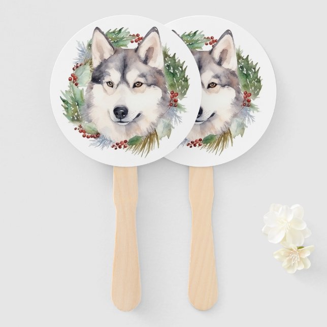 Siberian Husky Christmas Wreath Festive Pup  Hand Fan (Front and Back)