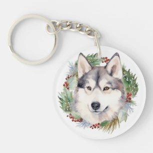 Siberian Husky Christmas Wreath Festive Pup  Key Ring