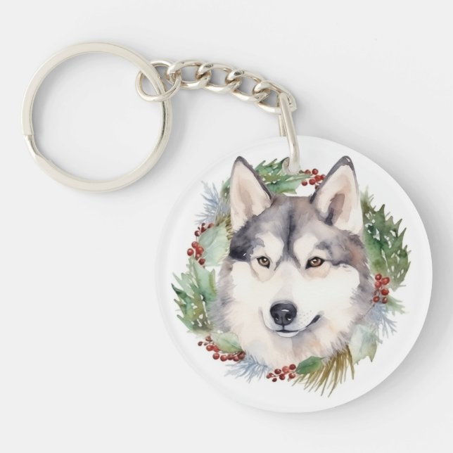 Siberian Husky Christmas Wreath Festive Pup  Key Ring (Front)