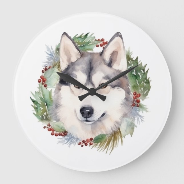 Siberian Husky Christmas Wreath Festive Pup  Large Clock (Front)