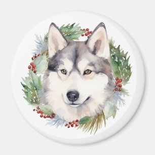 Siberian Husky Christmas Wreath Festive Pup Magnet