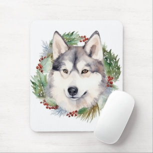Siberian Husky Christmas Wreath Festive Pup Mouse Mat