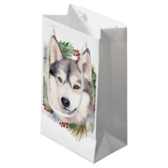 Siberian Husky Christmas Wreath Festive Pup  Small Gift Bag (Front Angled)