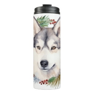 Siberian Husky Christmas Wreath Festive Pup  Thermal Tumbler