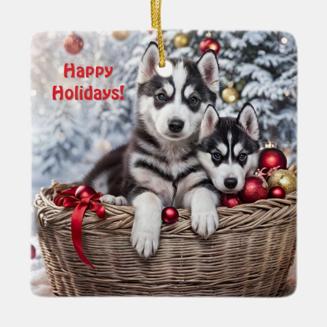 Siberian Husky Cute Christmas Holiday Ceramic Ornament (Front)