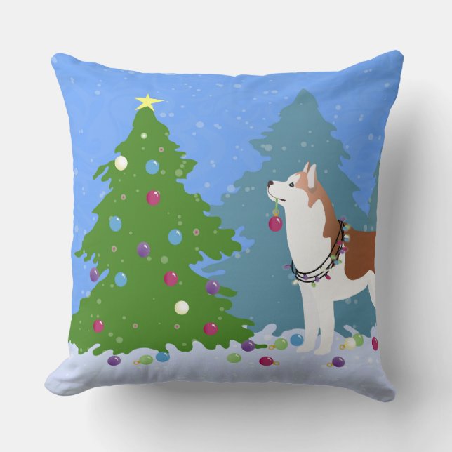 Siberian Husky Decorating Christmas Tree -Forest Cushion (Front)